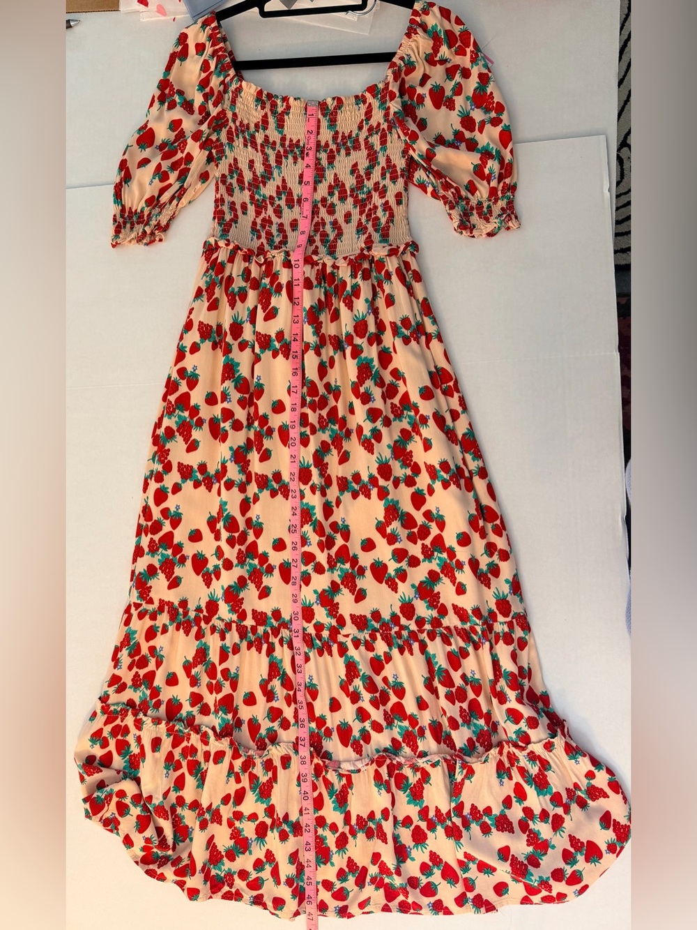 Betsey Johnson Flowy Strawberry & Raspberry Print Smocked Maxi Dress, Size S - Picture 5 of 11